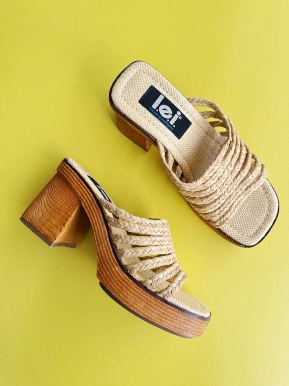 Sz 7 Vtg Y2K L.E.I. Raffia Braided Chunky Block Platform Sandals Boho Glam EUC